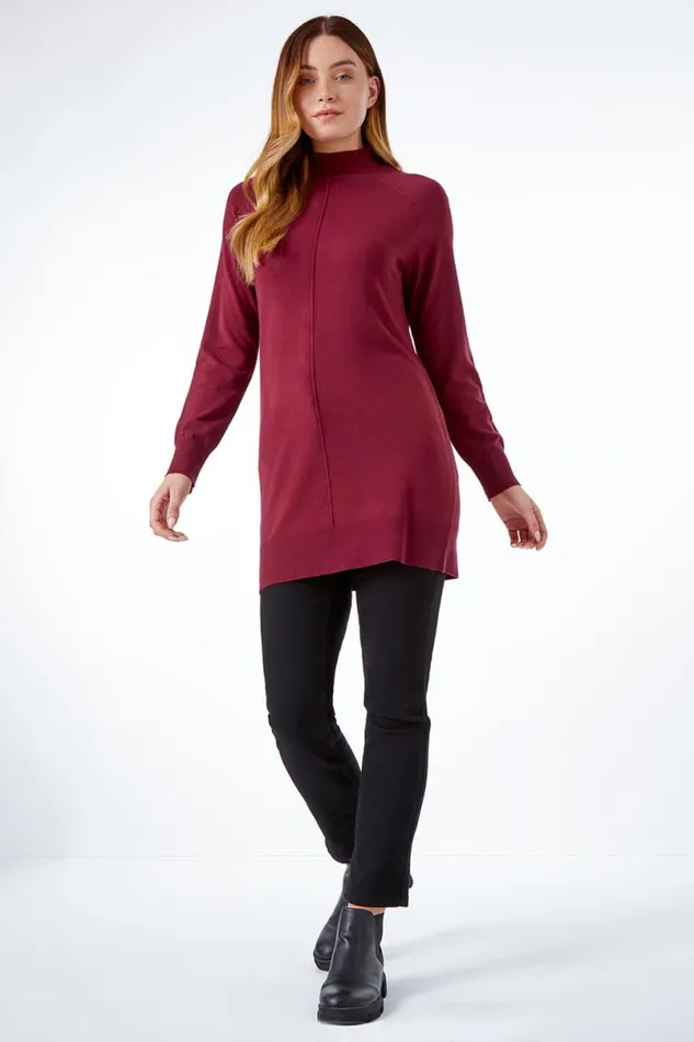 Wine Longline High Neck Tunic Jumper Women Roman Knitwear