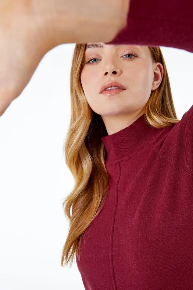 Wine Longline High Neck Tunic Jumper Women Roman Knitwear