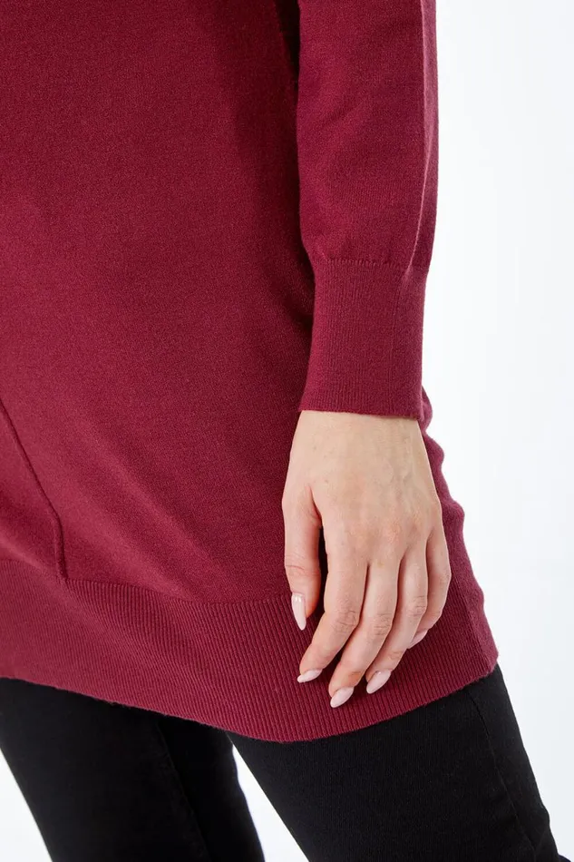 Wine Longline High Neck Tunic Jumper Women Roman Knitwear