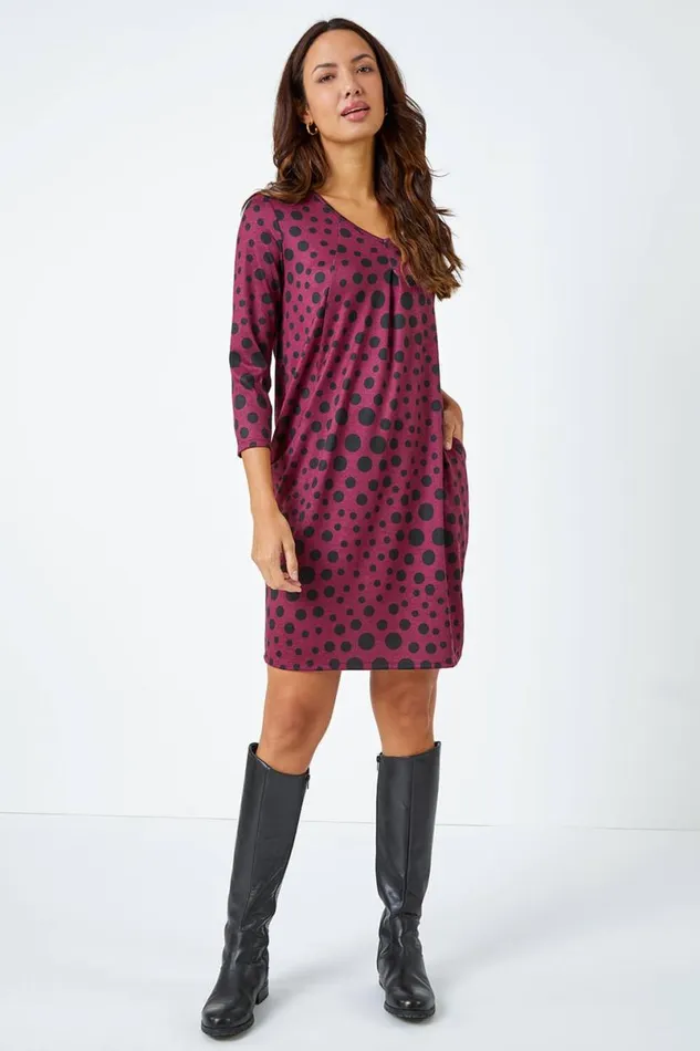 Wine Spot Print Pocket Cocoon Dress Women Roman Dresses