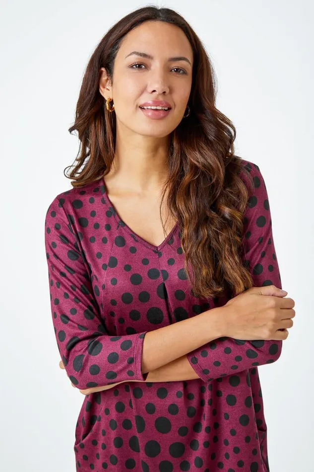 Wine Spot Print Pocket Cocoon Dress Women Roman Dresses