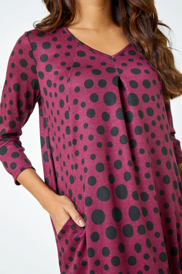 Wine Spot Print Pocket Cocoon Dress Women Roman Dresses