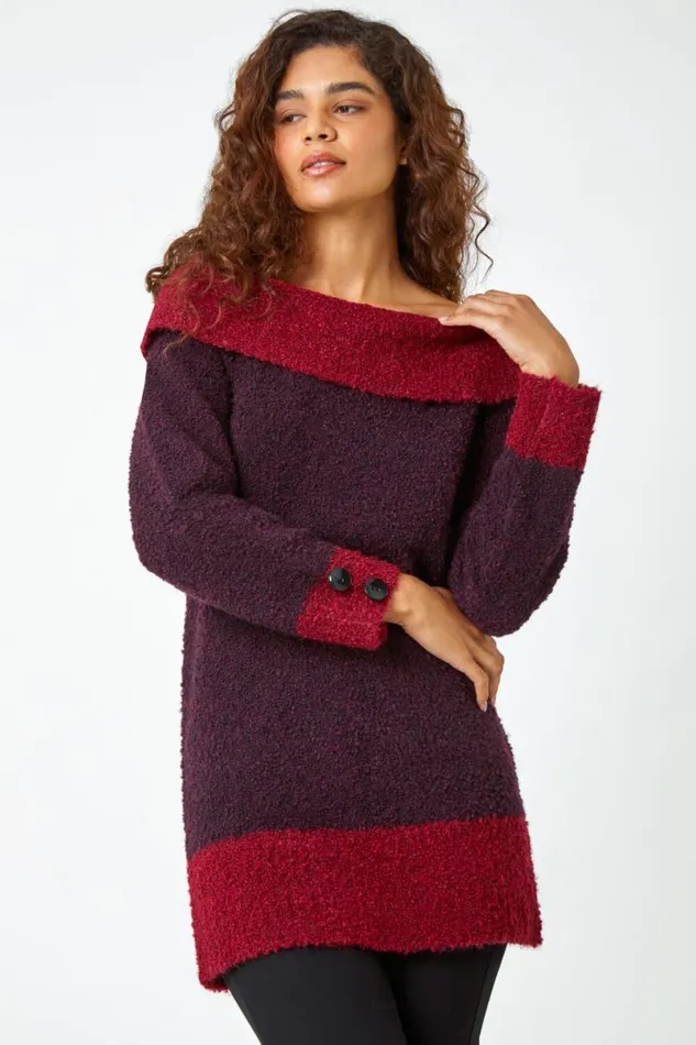 Wine Textured Button Detail Longline Bardot Jumper Women Roman Knitwear
