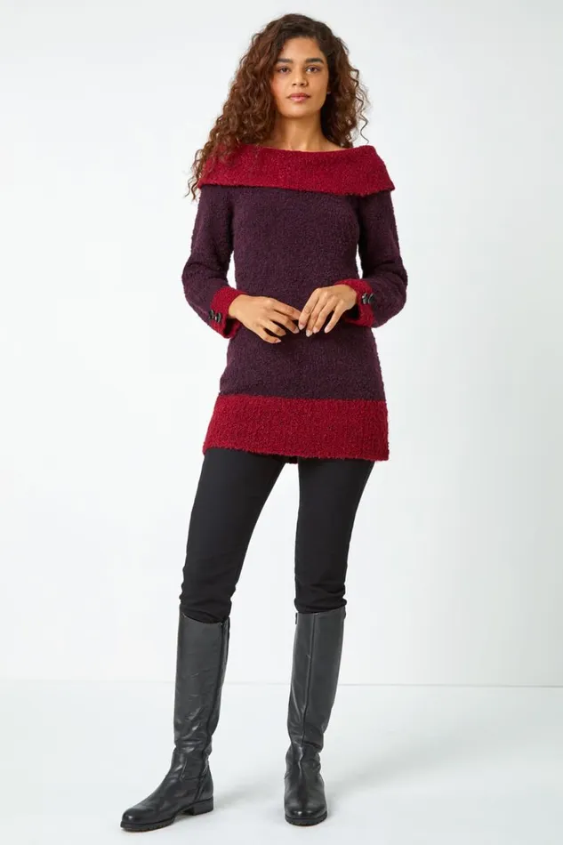 Wine Textured Button Detail Longline Bardot Jumper Women Roman Knitwear