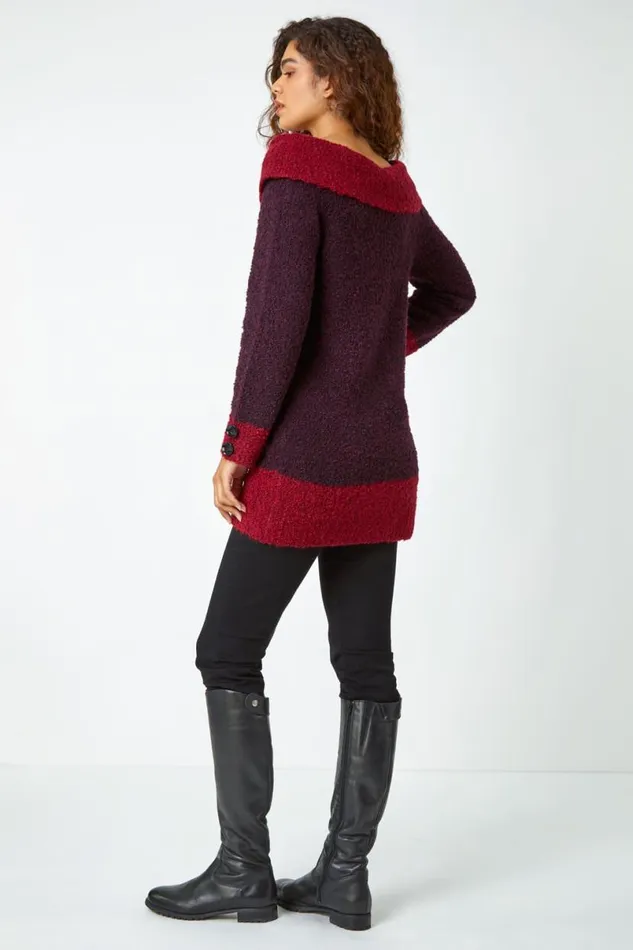 Wine Textured Button Detail Longline Bardot Jumper Women Roman Knitwear