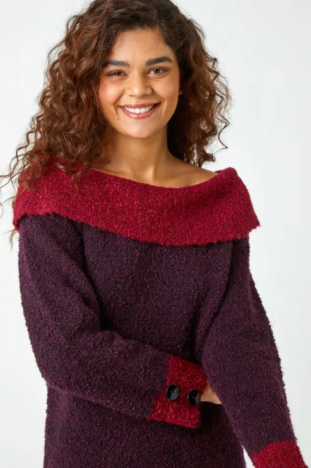 Wine Textured Button Detail Longline Bardot Jumper Women Roman Knitwear