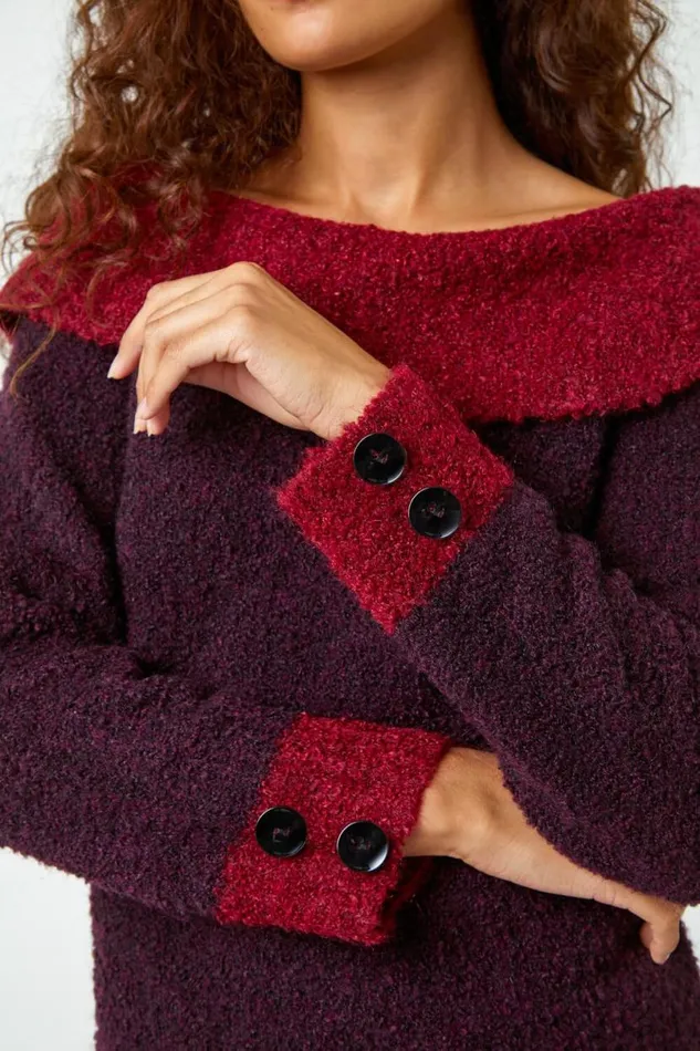 Wine Textured Button Detail Longline Bardot Jumper Women Roman Knitwear