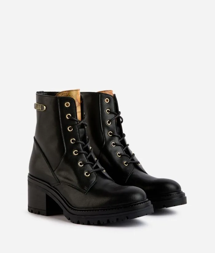Woman Boots and Booties Alviero Martini Smooth Leather LaceUp Boots With 1 Classe Enamelled Tag Black