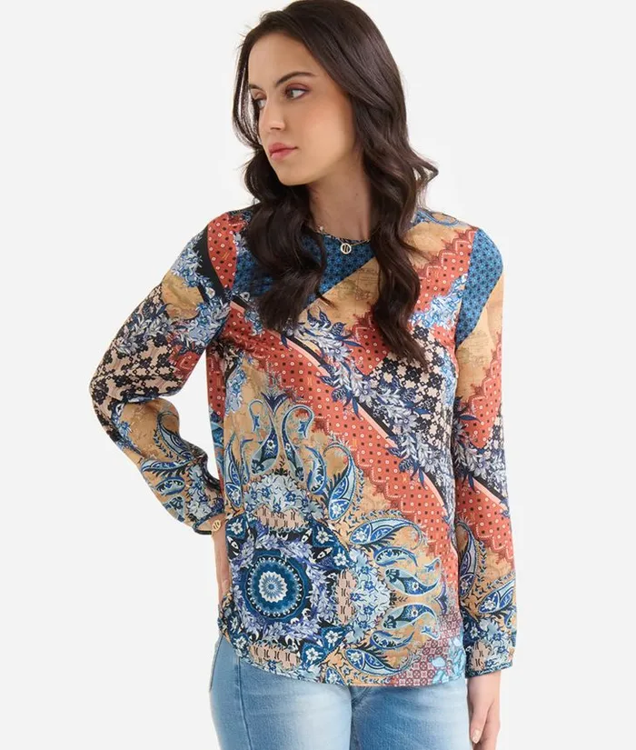 Woman Knitwears Shirts and Tops Alviero Martini Geo Patchwork Foulard Basic Twill Blouse Blue