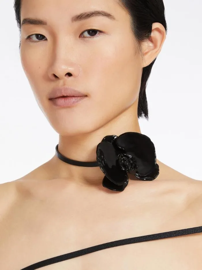 Woman Nappa Leather Necklace With Orchid Black Maxmara Jewelry Woman Nappa Leather Necklace With Orchid Black Maxmara Jewelry