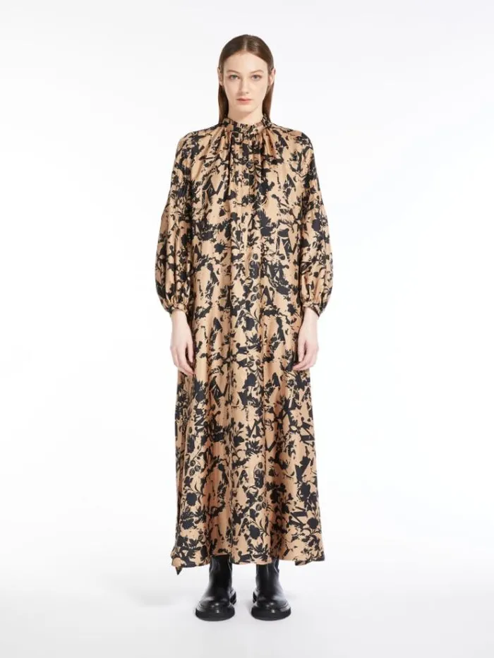 Woman Printed Silk Twill Dress Camel Maxmara Dresses