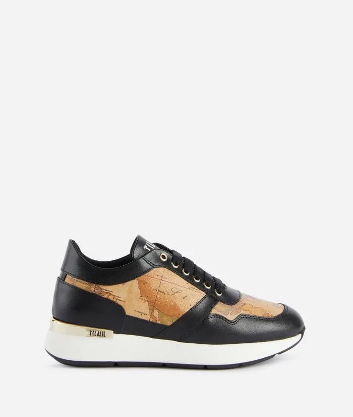 Woman Sneakers Alviero Martini Smooth Leather Running Shoes With Geo Classic Details Black