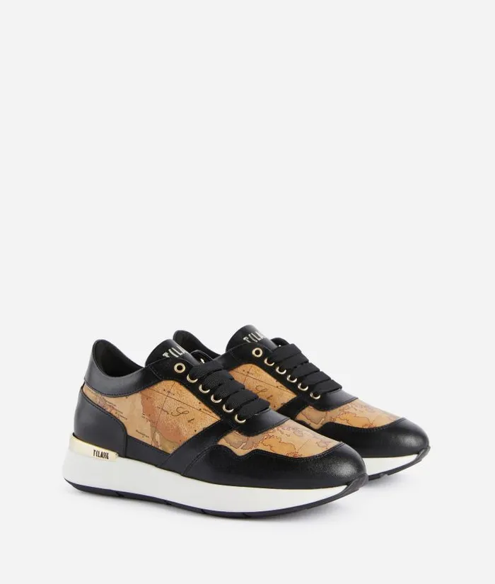 Woman Sneakers Alviero Martini Smooth Leather Running Shoes With Geo Classic Details Black