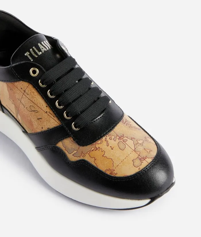 Woman Sneakers Alviero Martini Smooth Leather Running Shoes With Geo Classic Details Black