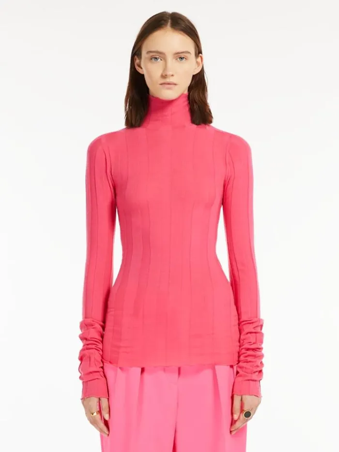 Woman Stretch Wool Mock Poloneck Sweater Pink Maxmara Knitwear And Sweatshirts