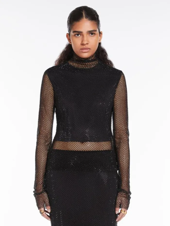 Woman Turtle Neck In Mesh With Rhinestones Black Maxmara Tshirts