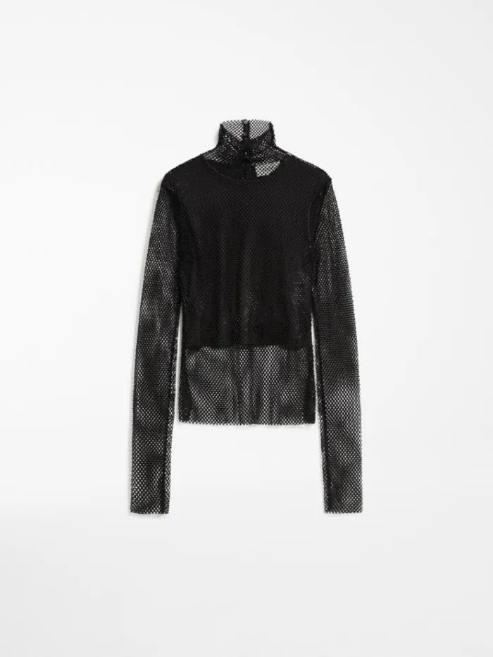 Woman Turtle Neck In Mesh With Rhinestones Black Maxmara Tshirts