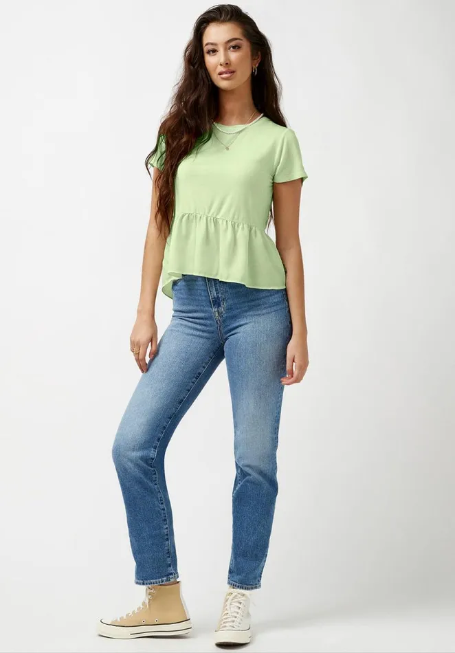 Women Austen Mixed Media Light Green Peplum Top Quiet Green Buffalo David Bitton Tops and Tees