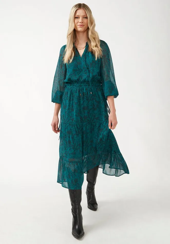Women Aviva Fall Floral Green Women039s Tie Neck Midi Dress Fallfloral Grn Buffalo David Bitton Dresses and Jumpsuits