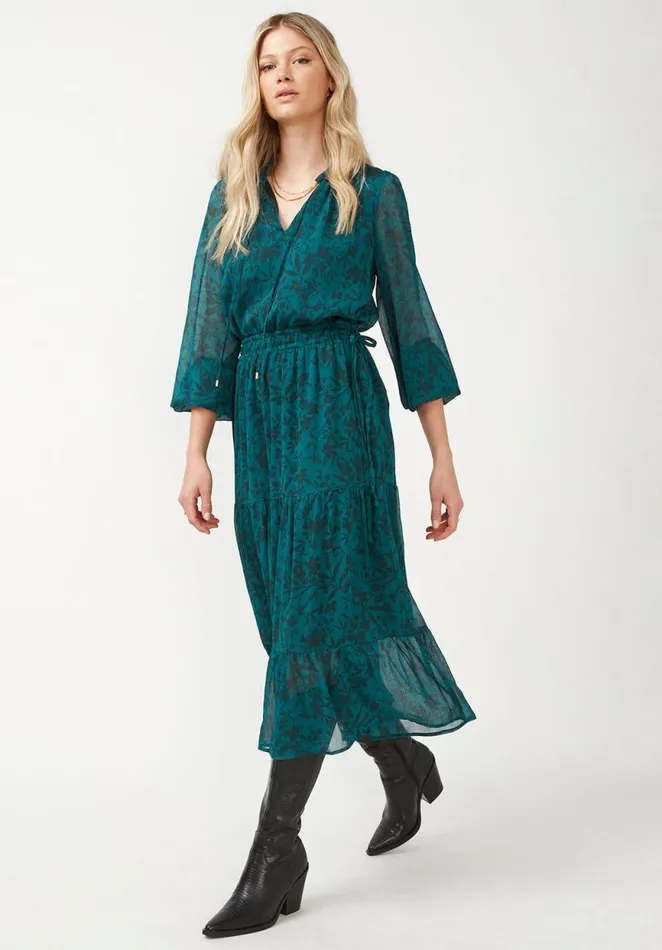 Women Aviva Fall Floral Green Women039s Tie Neck Midi Dress Fallfloral Grn Buffalo David Bitton Dresses and Jumpsuits
