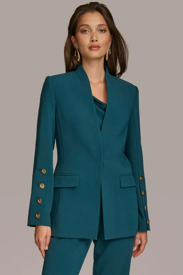 Women Blazers Donna Karan COLLARLESS JACKET WITH BUTTON DETAIL ON SLEEVE Peacock Women Blazers Donna Karan COLLARLESS JACKET WITH BUTTON DETAIL ON SLEEVE Peacock