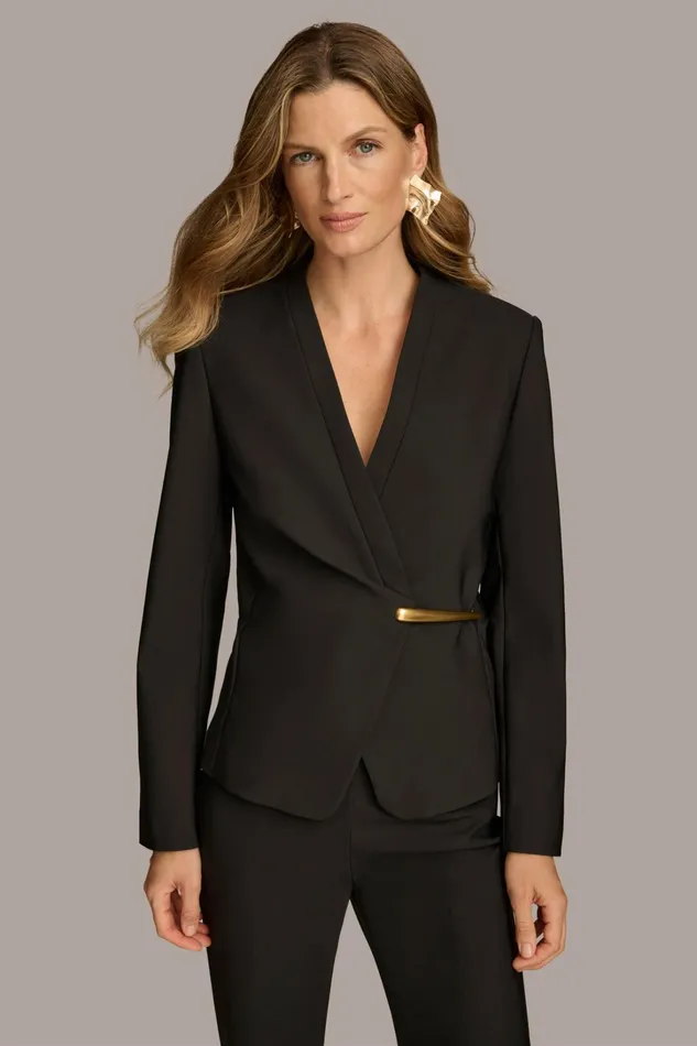 Women Blazers Donna Karan COLLARLESS WRAP BLAZER Black