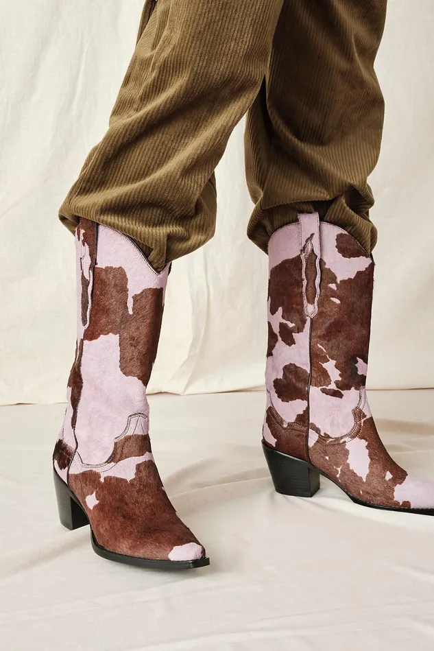 Women Boots Free People Dagget Printed Western Boot Lilac Brown Cow