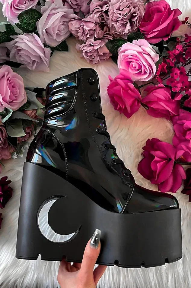 Women Boots Killstar Diana Crescent Wedge Boots BLACK HOLOGRAPHIC