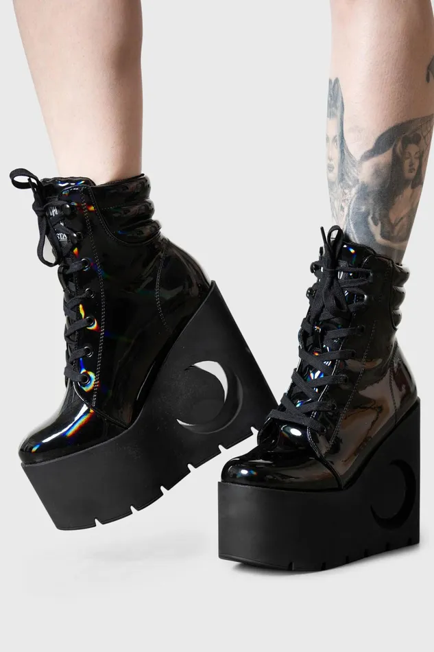 Women Boots Killstar Diana Crescent Wedge Boots BLACK HOLOGRAPHIC
