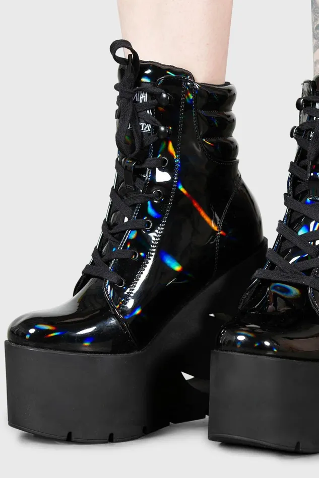 Women Boots Killstar Diana Crescent Wedge Boots BLACK HOLOGRAPHIC