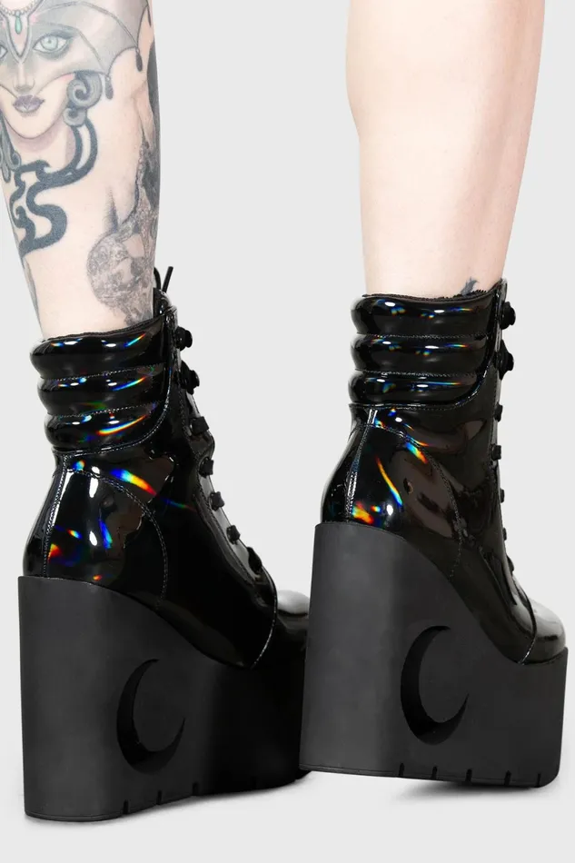 Women Boots Killstar Diana Crescent Wedge Boots BLACK HOLOGRAPHIC