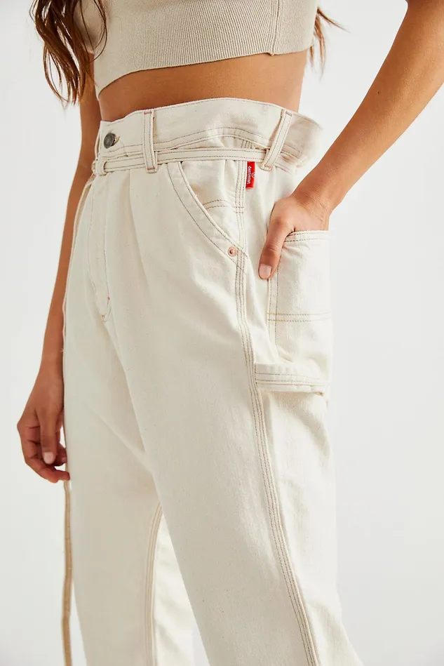 Women Boyfriend Jeans Free People Denimist Carpenter Drop Pants Ecru