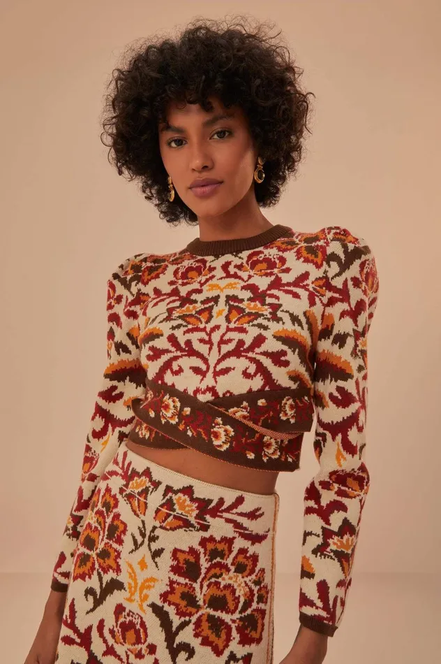 Women Cream Toucans Scarf Knit Top Toucans Scarf Cream FARM Rio Crop Tops