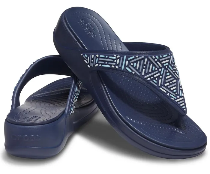 Women Crocs Monterey Beaded Wedge Flip Navy Crocs Sandals