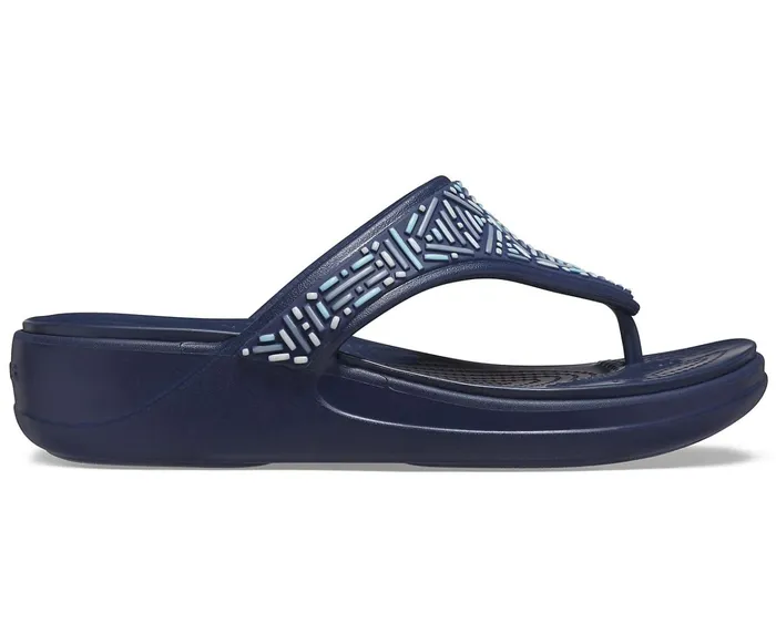 Women Crocs Monterey Beaded Wedge Flip Navy Crocs Sandals