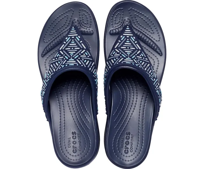 Women Crocs Monterey Beaded Wedge Flip Navy Crocs Sandals