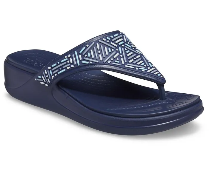 Women Crocs Monterey Beaded Wedge Flip Navy Crocs Sandals