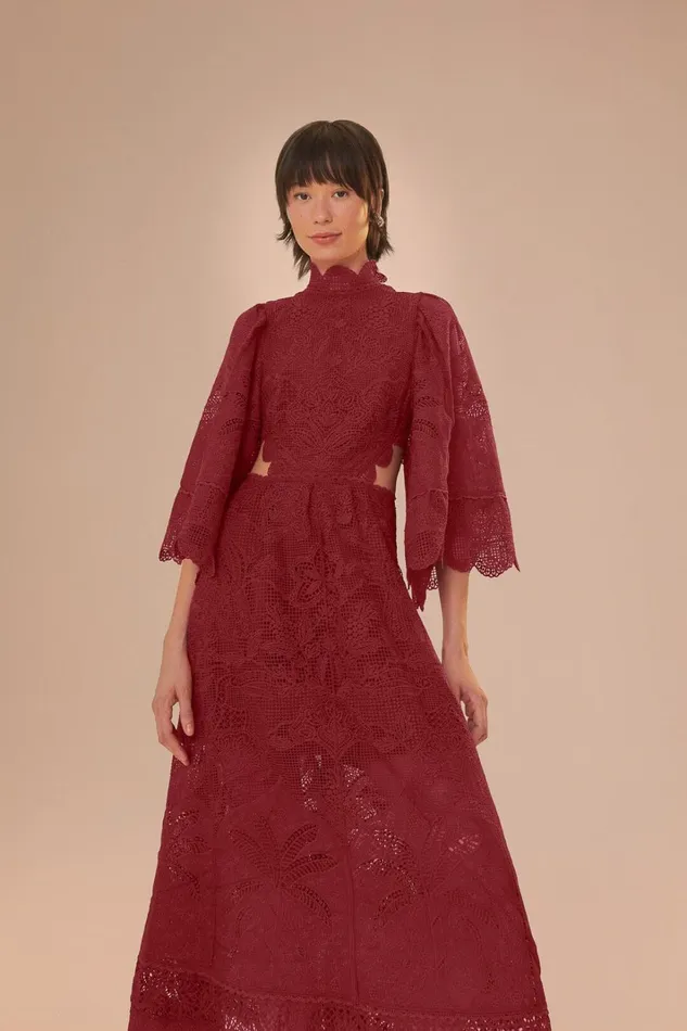 Women Dark Magenta Guipire CutOut Midi Dress Burgundy FARM Rio Midi Dresses
