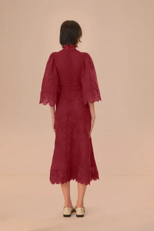 Women Dark Magenta Guipire CutOut Midi Dress Burgundy FARM Rio Midi Dresses