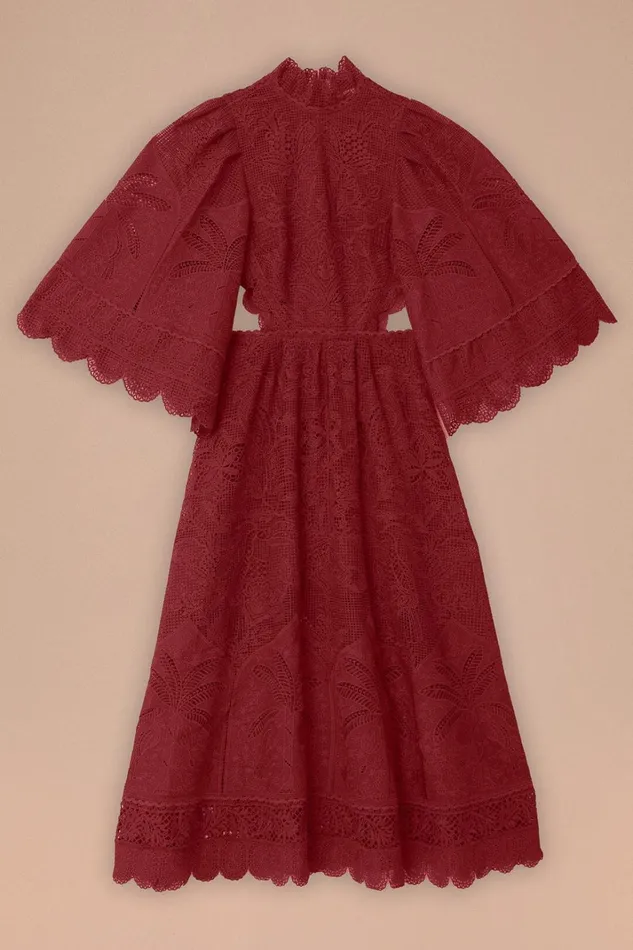 Women Dark Magenta Guipire CutOut Midi Dress Burgundy FARM Rio Midi Dresses