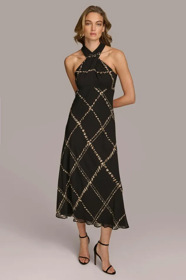 Women Dresses And Jumpsuits Donna Karan CHIFFON HALTER MIDI DRESS Blacksand Multi