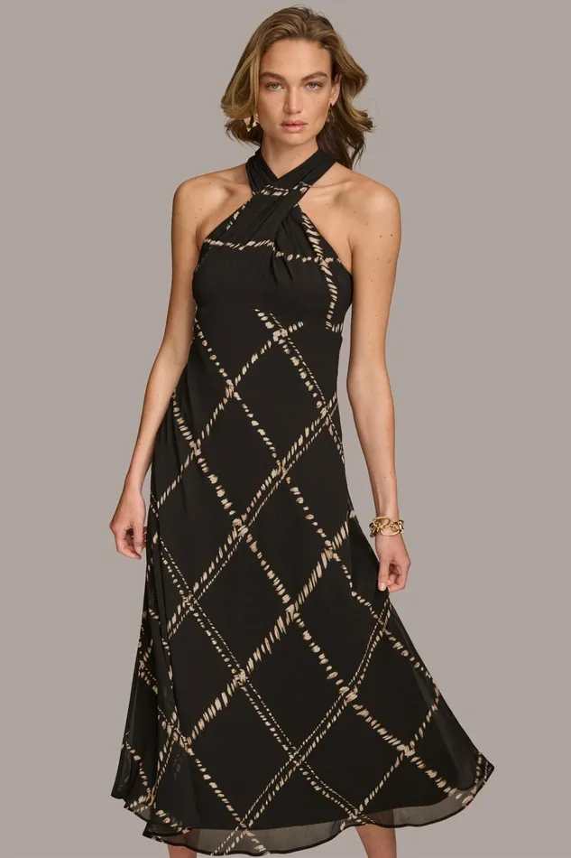 Women Dresses And Jumpsuits Donna Karan CHIFFON HALTER MIDI DRESS Blacksand Multi