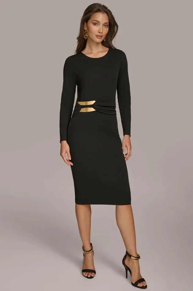 Women Dresses And Jumpsuits Donna Karan FITTED MIDI DRESS WITH BRUSHED HARDWARE DETAIL Black