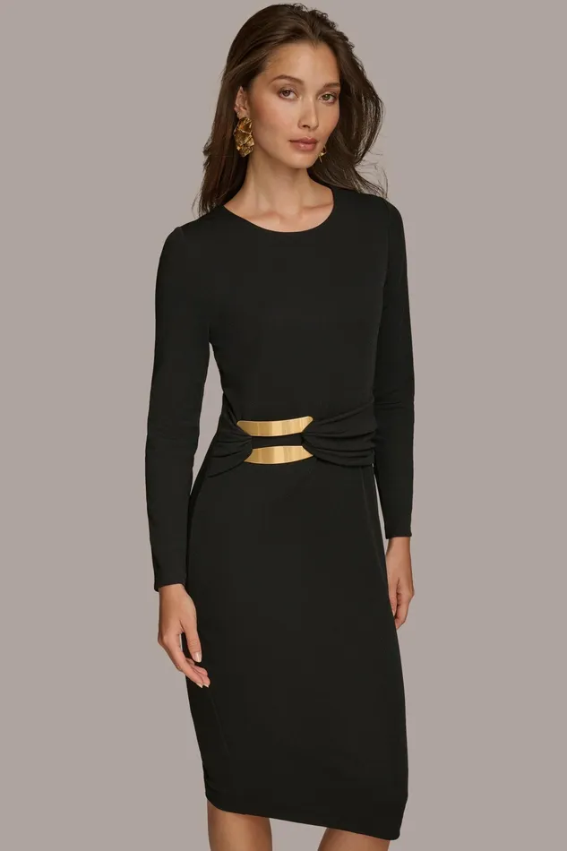 Women Dresses And Jumpsuits Donna Karan FITTED MIDI DRESS WITH BRUSHED HARDWARE DETAIL Black