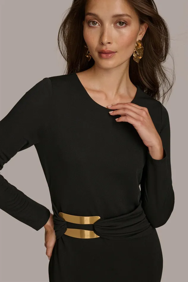 Women Dresses And Jumpsuits Donna Karan FITTED MIDI DRESS WITH BRUSHED HARDWARE DETAIL Black