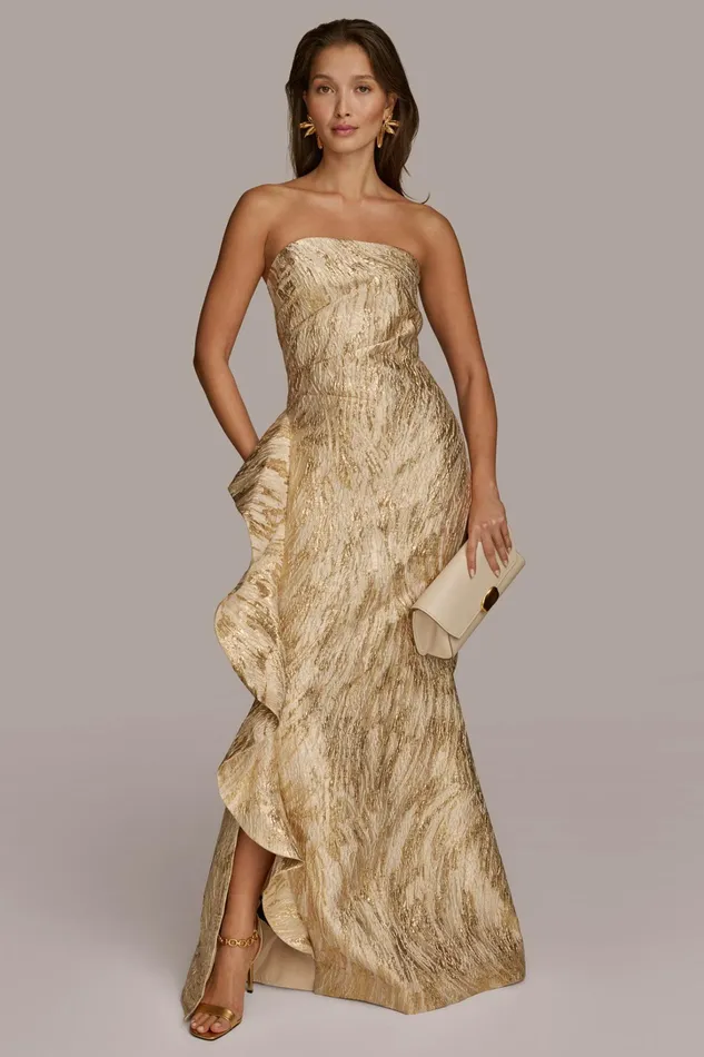 Women Dresses And Jumpsuits Donna Karan JACQUARD GOWN WITH SIDE RUFFLE Champagne Multi
