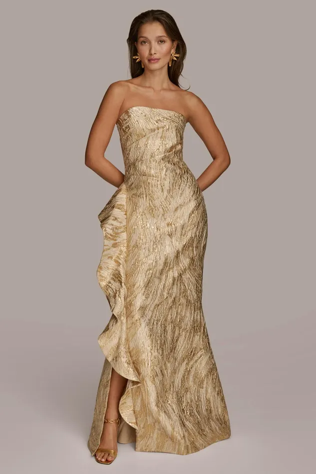 Women Dresses And Jumpsuits Donna Karan JACQUARD GOWN WITH SIDE RUFFLE Champagne Multi