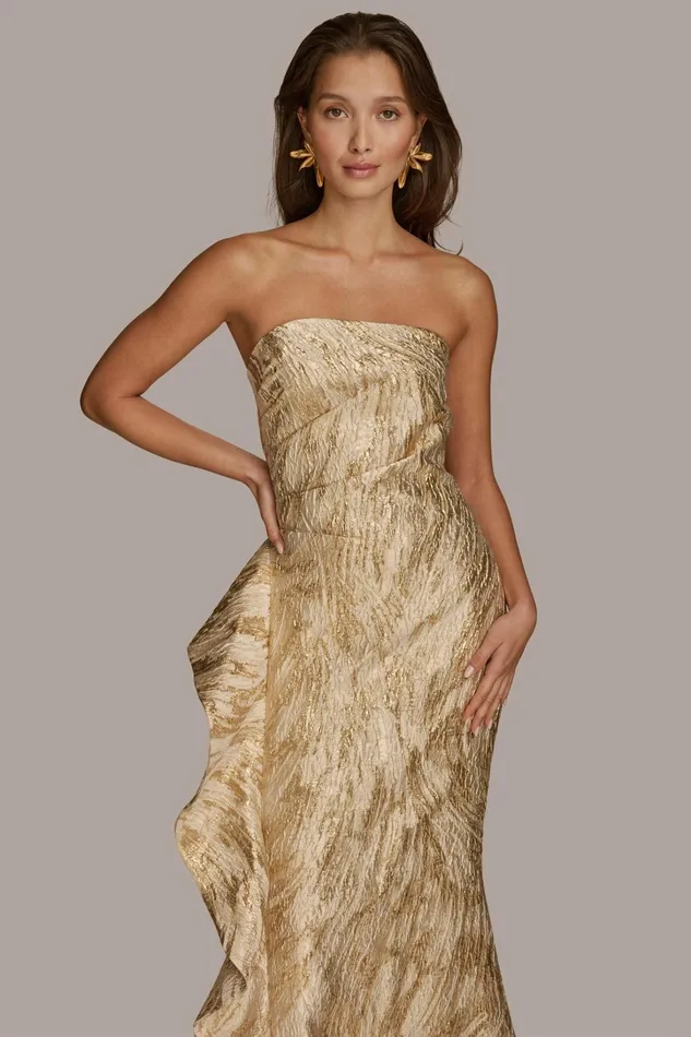 Women Dresses And Jumpsuits Donna Karan JACQUARD GOWN WITH SIDE RUFFLE Champagne Multi