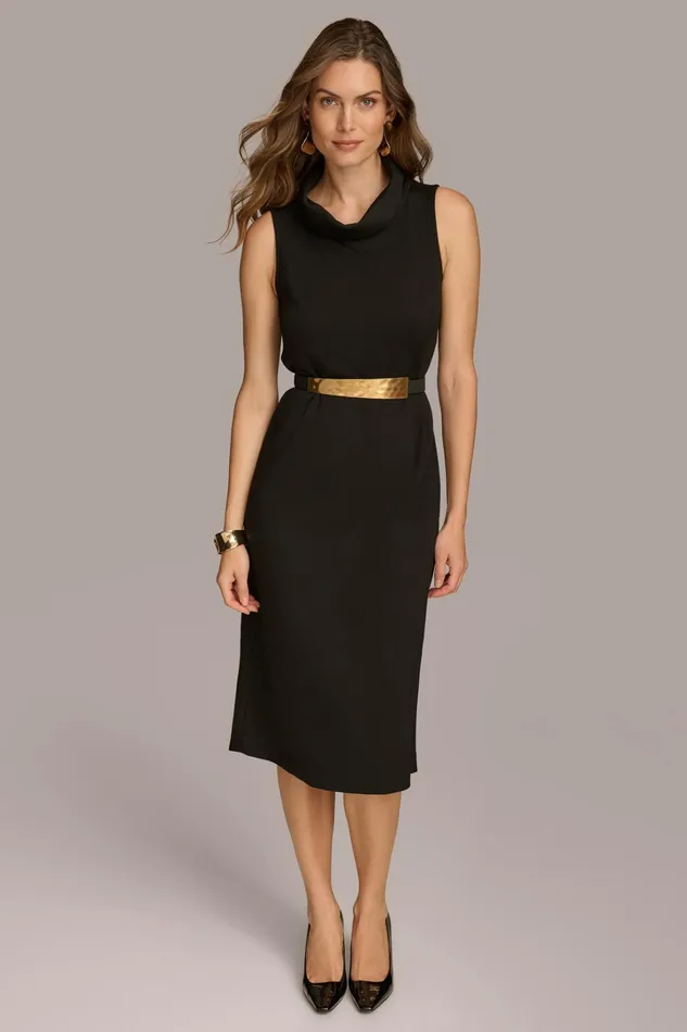 Women Dresses And Jumpsuits Donna Karan MOCK NECK MIDI DRESS WITH BELT Black