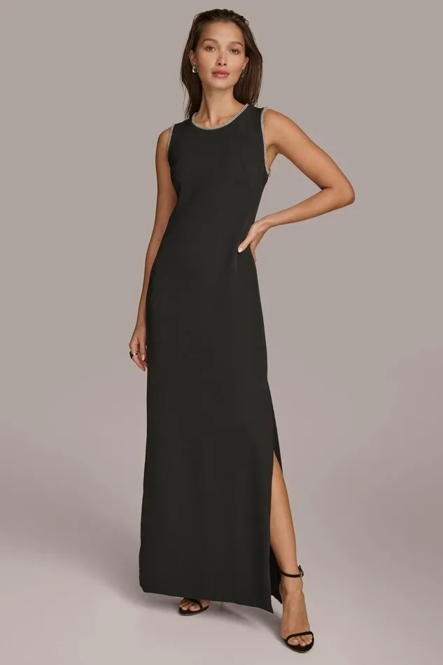 Women Dresses And Jumpsuits Donna Karan SCUBA GOWN WITH HOT FIX TRIM Black